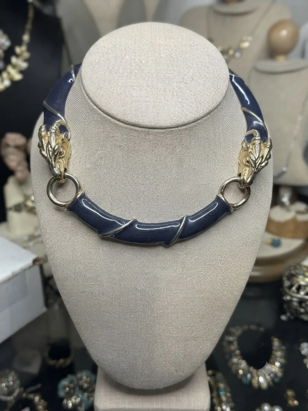 Donald Stannard Ram Head Statement Necklace – Navy Enamel & Gold-Tone
